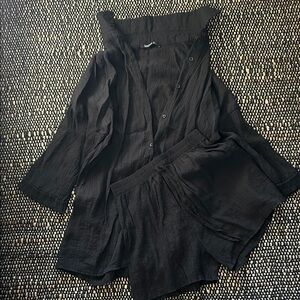 Black Women's Button-Up Shirt and Shorts Set